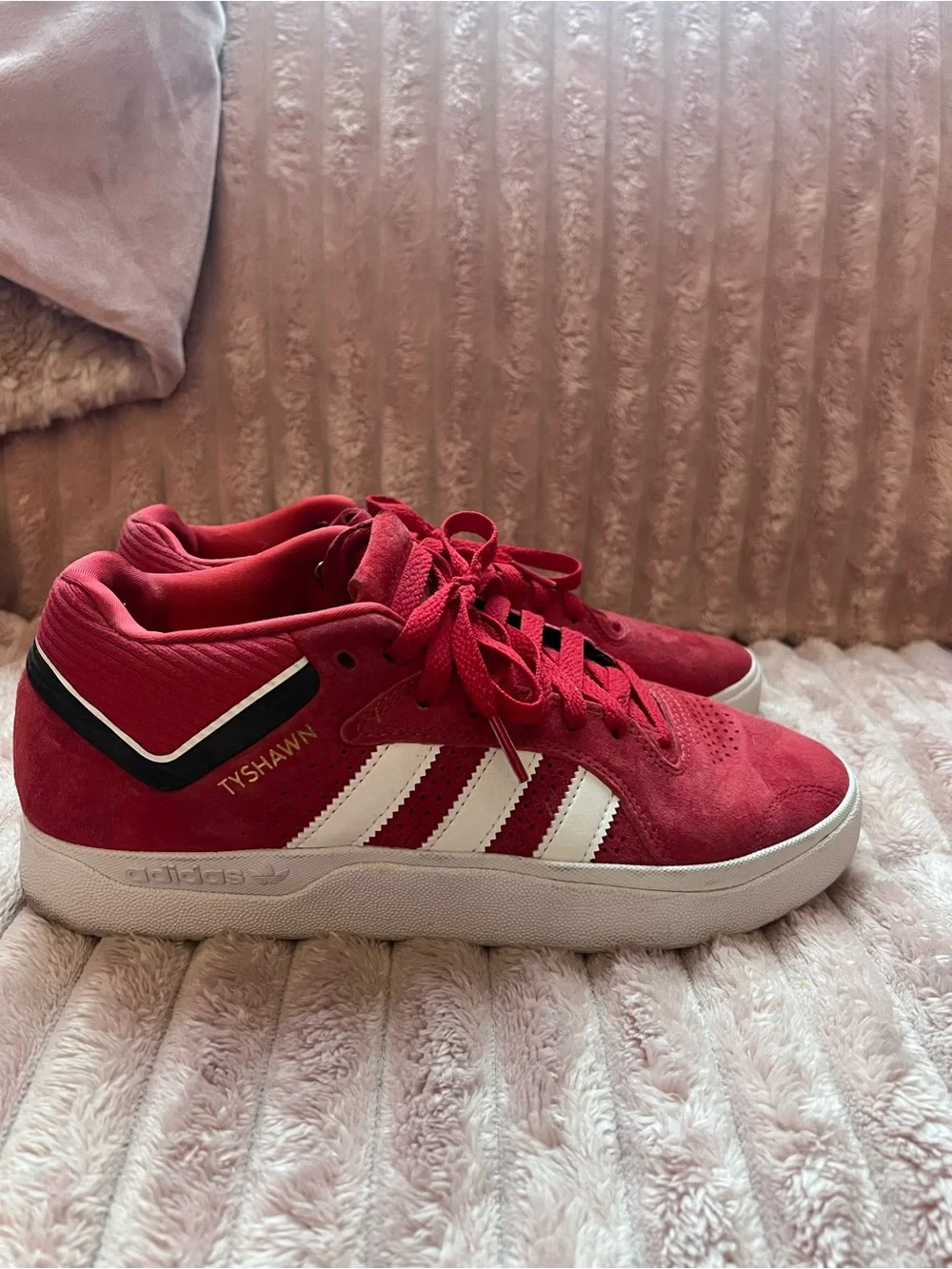 Adidas Red Tyshawn Mid-Top Sneakers with White Stripes